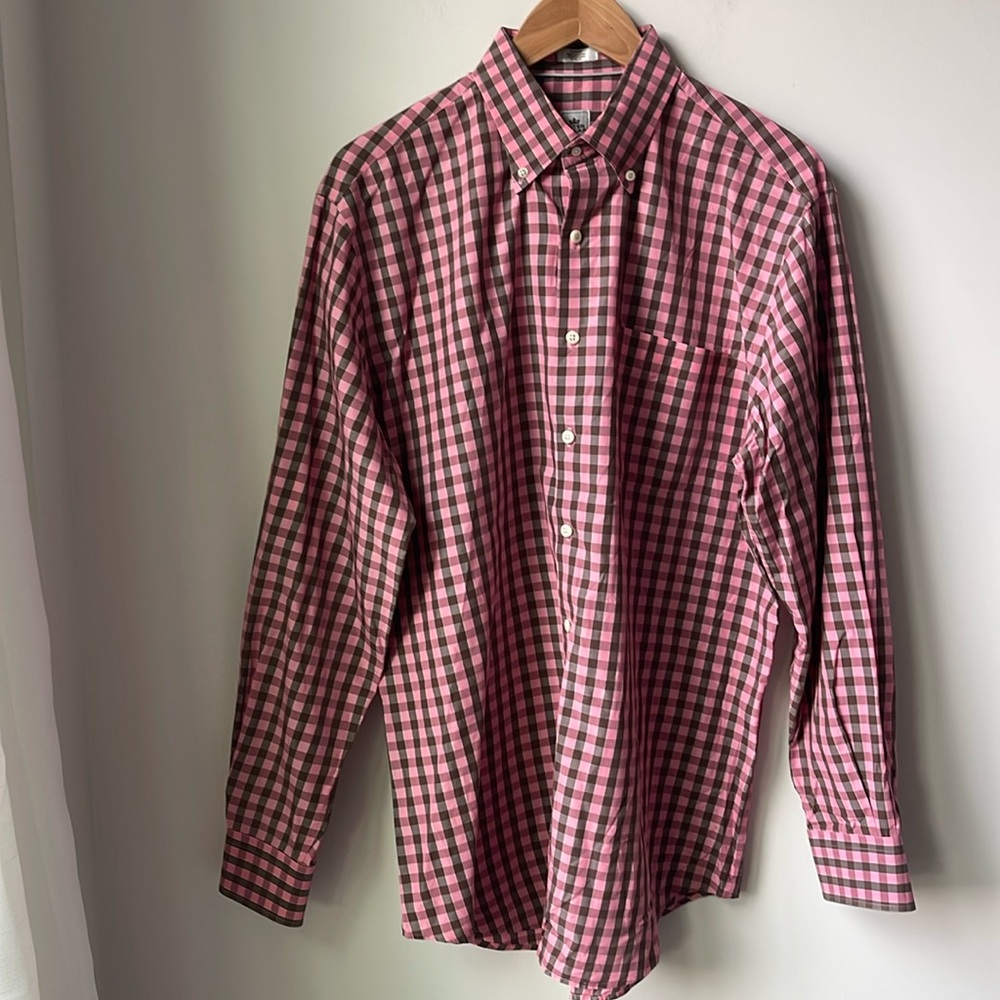 Peter Millar Long Sleeve Button Down Shirt 100% Cotton in Pink and Brown Size L